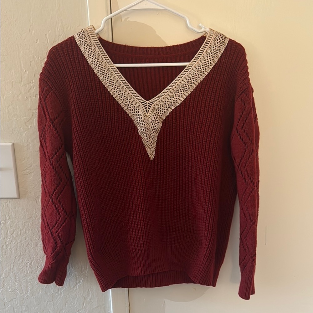 Elegant Burgundy Sweater with Lace Trim